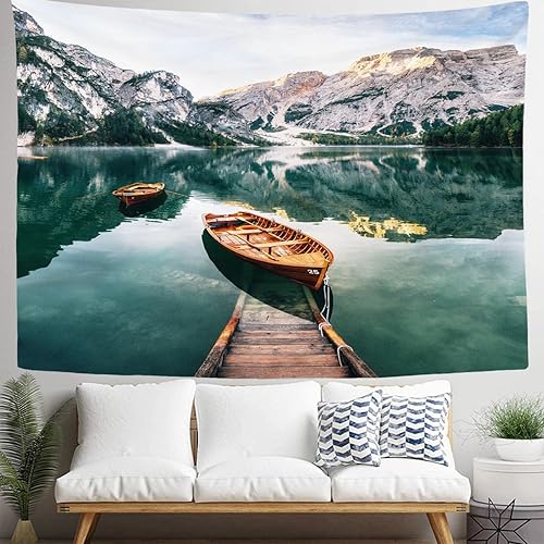 Miniatura 2 de GRETIFY Tapiz de montaña para dormitorio, barcos y construcción de resbalones, tapices de lago Braies, decoración de pared para colgar en la pared