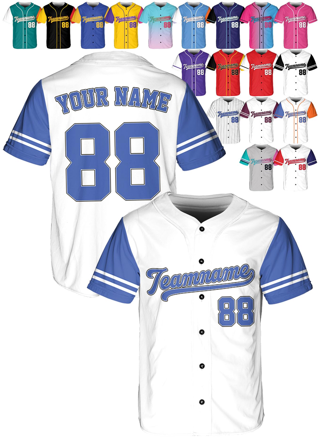 Custom Baseball Jerseys - Personalized Softball Shirts for Men, Women, Boys, and Girls - Customized Team Uniforms for Sports Fans, Teams, Events, Gifts - Add Your Name, Number, Logo White/Light Blue