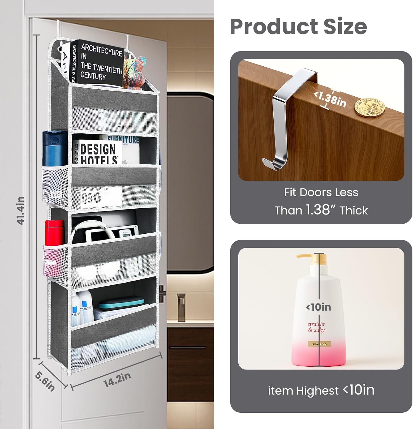 Over The Door Organizer with LifetimeWarranty, 4 Shelves & 4 Side Pockets, Large Storage Rack Holds 44lb, Heavy-Duty Reinforced Mesh Shelf for Bathroom, Closet, Toy Organization, Shoes, Towels, Grey - Image 2
