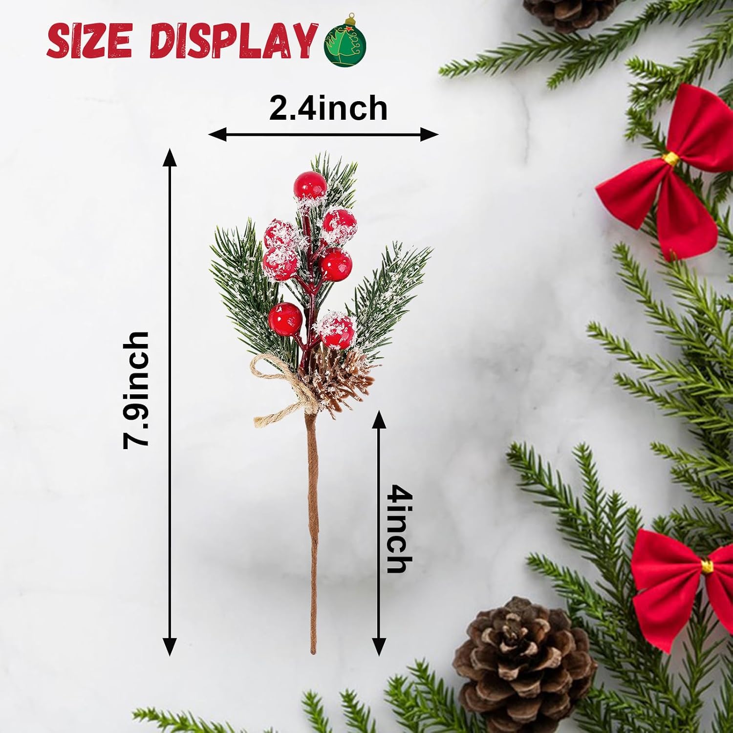 10PCS Christmas Berries Red Stems Evergreen Pine Branches, Snow Flocked Red Holly Berry Pine Cone Floral Sprays Decoration,Winter Holiday Floral Picks (10PCS)