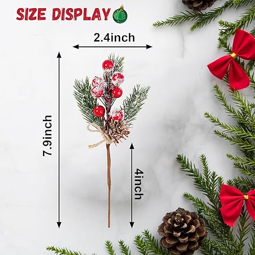 Miniatura 2 de 6 piezas de bayas de Navidad, tallos rojos de hoja perenne, ramas de pino de hoja perenne, conos de pino de acebo rojo flocado, decoración floral de