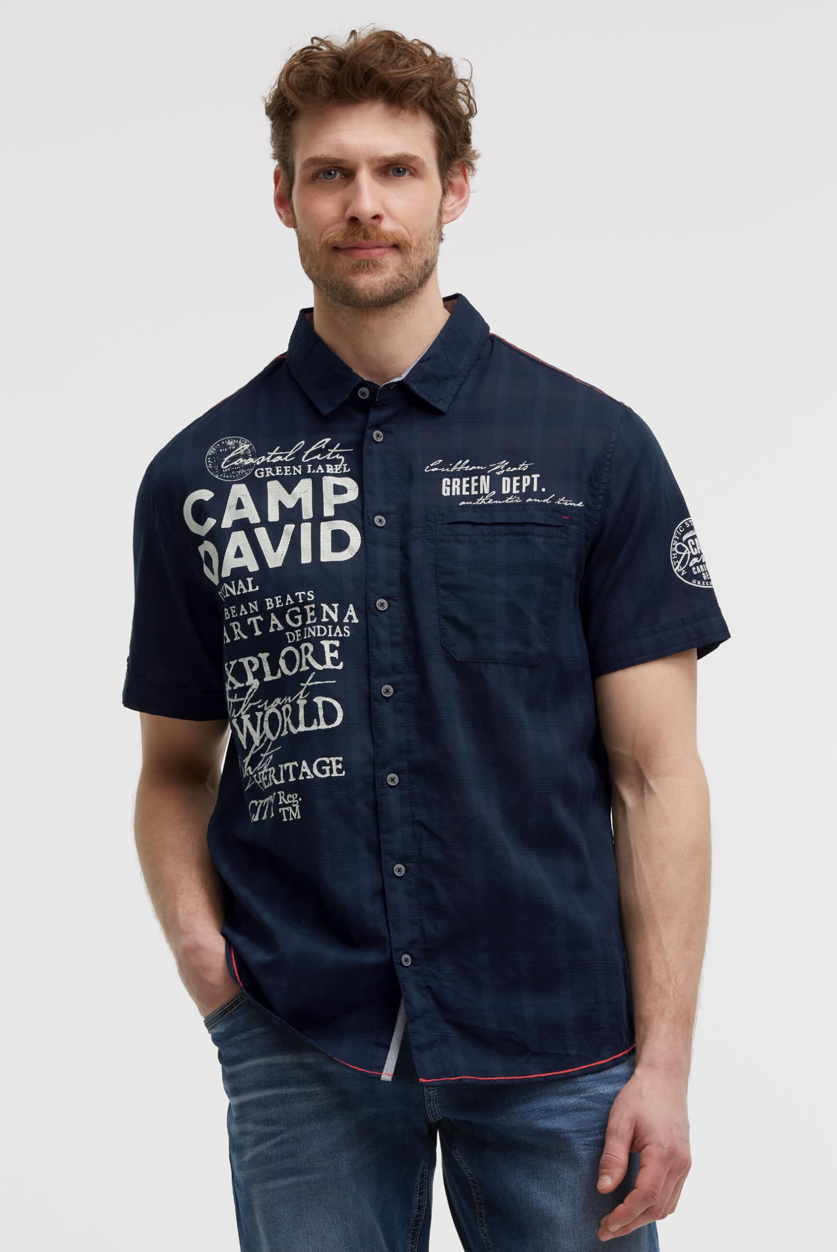 Camp David Herren Kurzarmhemd 100% Baumwolle Regular Fit Webstruktur mit Logo Prints Sommer Freizeithemd