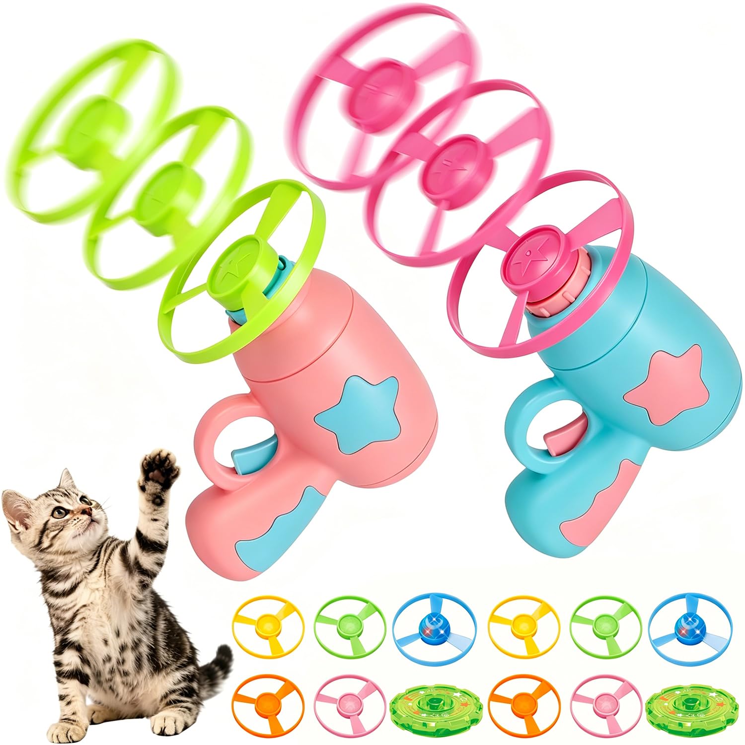 HATFRYF Interactive Cat Fetch Toy, Flying Disc Launcher Toy with 2 Shooters, 10 Colourful Propellers & 2 Light Up Spinning Top, Versatile Cat Toys for Indoor and Outdoor Chasing, Hunting