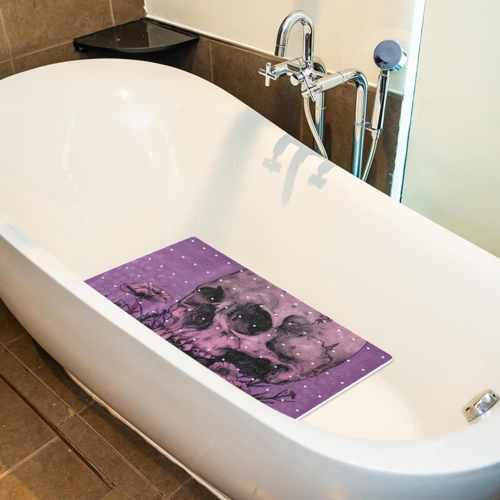 Rutschfeste Badematten für Badezimmer, rechteckig, maschinenwaschbar, 40 x 70 cm, Motiv: Totenkopf-Pilz, Mondpflanze, Violett