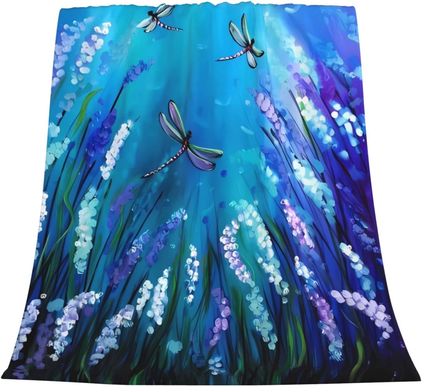 Purple Flowers and Cute Dragonfly Fleece Throw Blanket Super Soft Flannel Cozy Washable Lightweight Fuzzy Blanket for Couch Sofa Bed Office Travel Camping Warm Plush Blankets for All Season (50"x40")