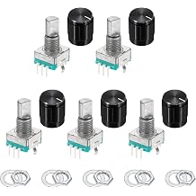 MECCANIXITY 5Pack EC11 Rotary Encoder Code Switch, 15mm Full Shaft Digital Potentiometer 5 Pins with Push Button for Audio, DIY, Instrument Control, DVD, with Black Metal Knob