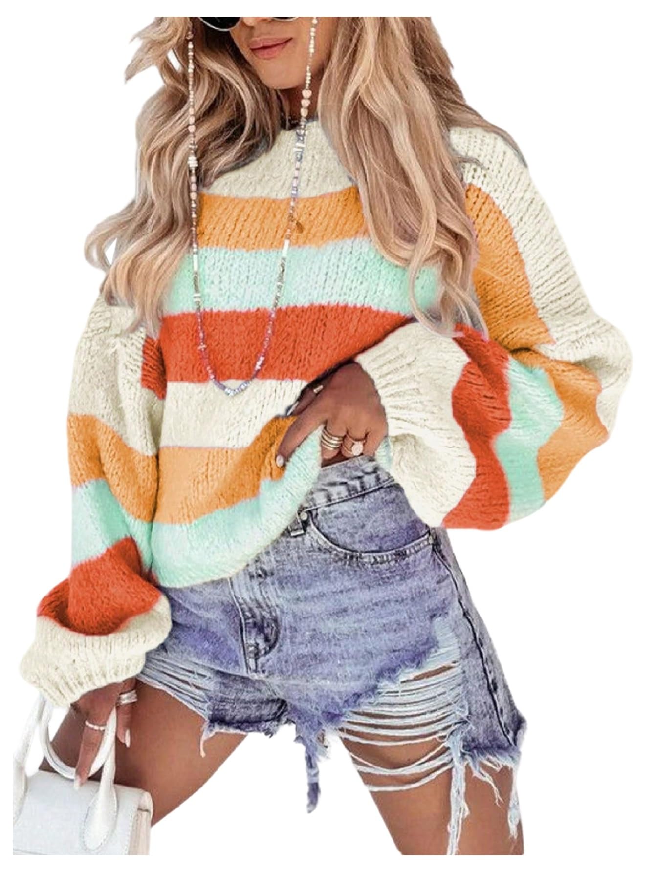 SweatyRocks Womens Striped Color Block Sweater Chunky Knit Oversized Crewneck Long Sleeve Fall Winter Pullover Sweaters