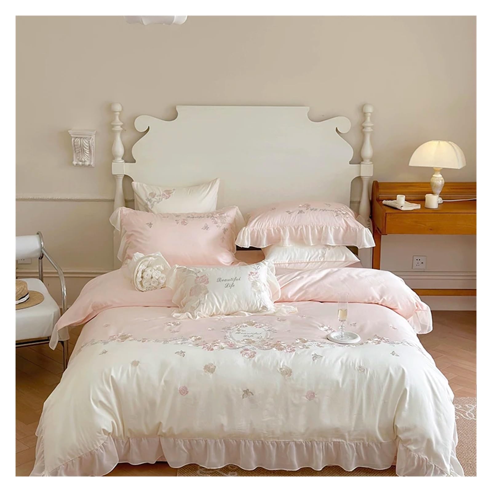 Parure de lit vintage broderie roses pour des nuits de douceur