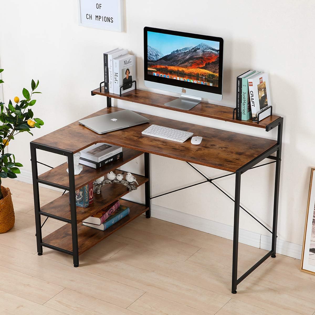 MELLCOM Industrial Computer Writing Desk, Large Writing Desk for Home Office, Computer Desk with 2 Adjustable Storage Shelves on Left or Right Side and 2 Headset Hooks