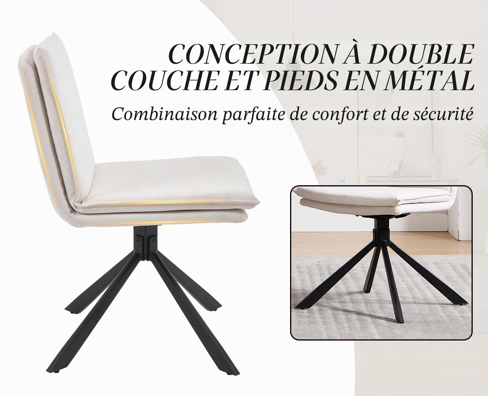 chairus Lot de 2 Chaise Pivotante Salle à Manger sans Accoudoirs, Chaises de Cuisine avec Pieds en Métal, Chaise Rembourrée en Chenille pour Salon, Blanc-2