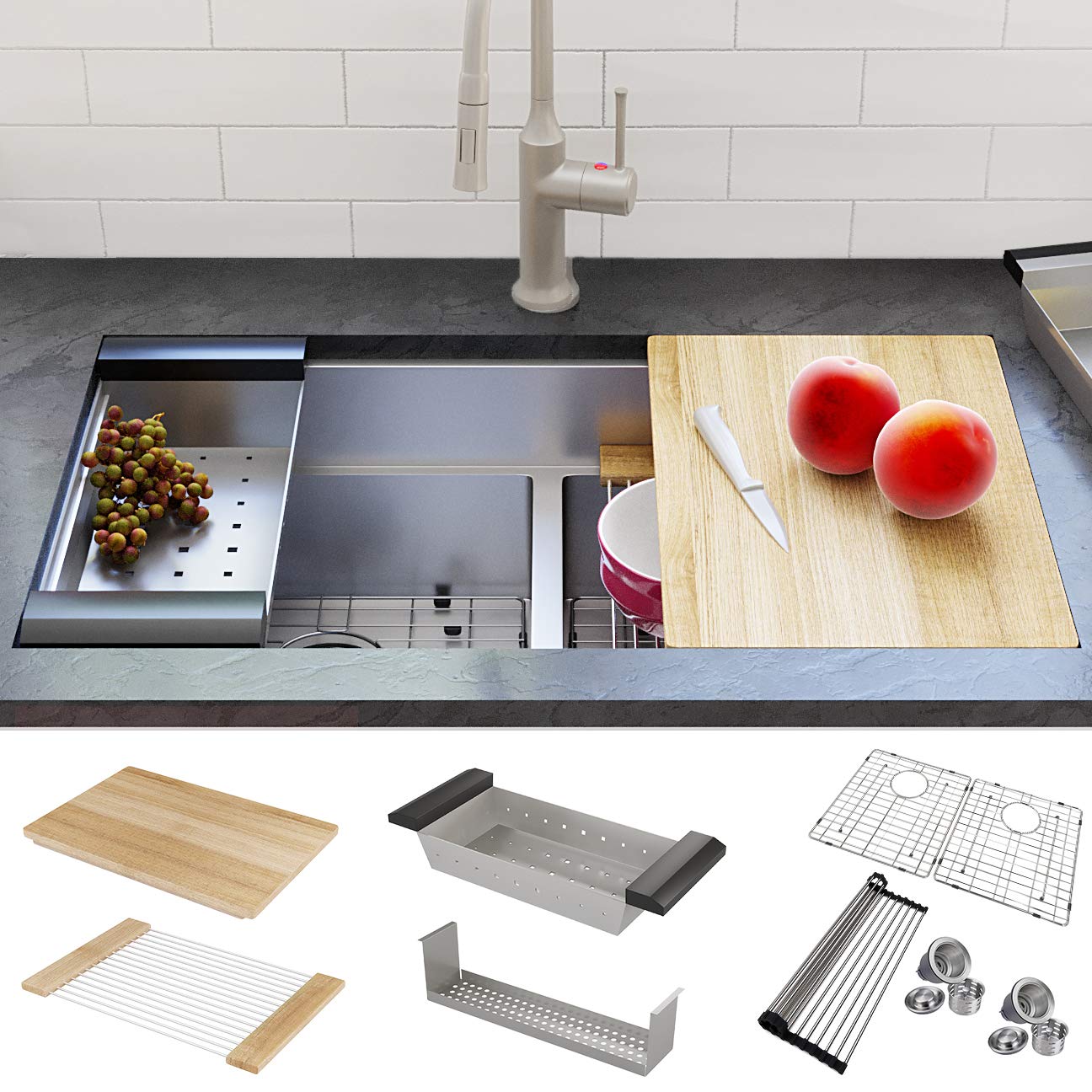 MOWA 32" Gem Series Low Divider Undermount 50/50 Workstation Kitchen Sink Pack of 8 w/Maple