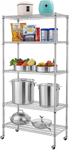 WOW PIONEER Estantería de alambre de acero de 5 niveles con ruedas, organizador de metal, portátil, sobre ruedas, cromado, 220 libras por estante,