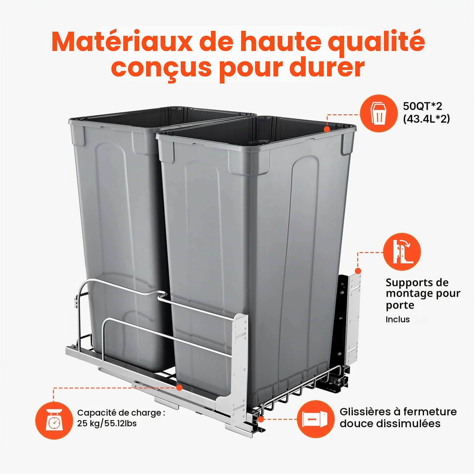 VEVOR Poubelle Coulissante sous Évier et sous Plan 2x43,4 L, Collecteur de Déchets avec Système Coulissant en Métal à Fermeture Douce, Système de Tri Sélectif Placard Meuble Bas, Cuisine, Gris