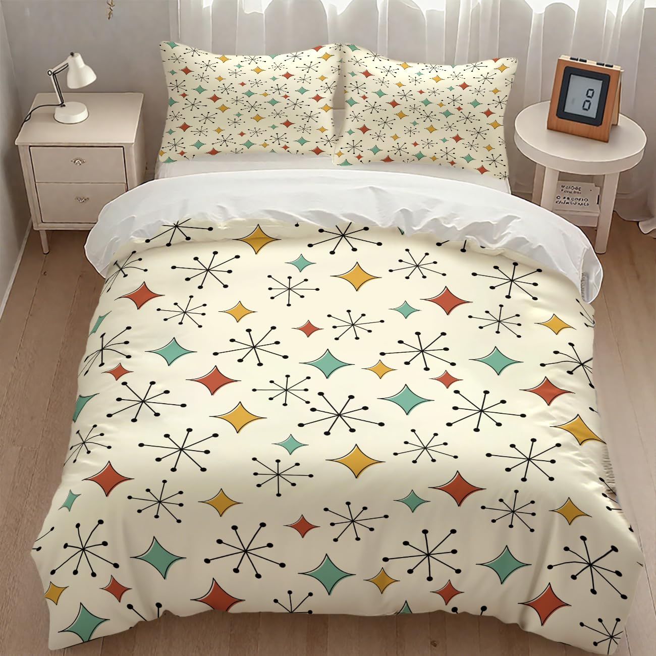 Modern Geometric Bedding Set,1950s 1960s Mid Century Vintage Abstract Atomic Stars Geometric Diamond Pattern Comforter Set with Pillowcase for Bedroom Bed Decor,Full 79"x90"