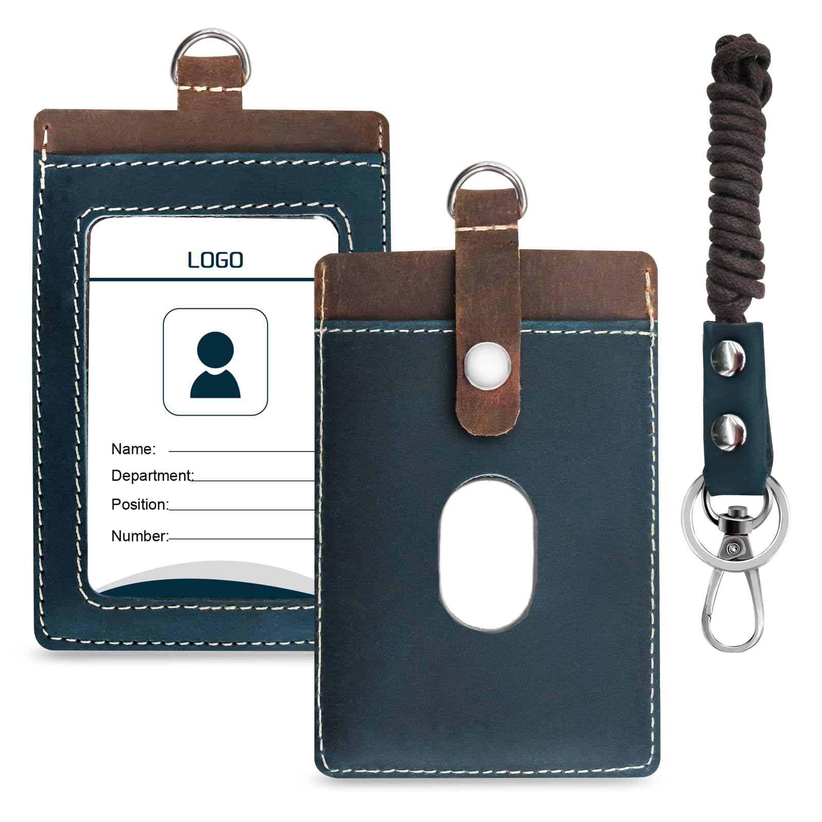 Badge Holder: Boshiho Cowhide Leather ID Badge Card Holder with 19" Neck Lanyard, Vertical Style (Brown-Blue)