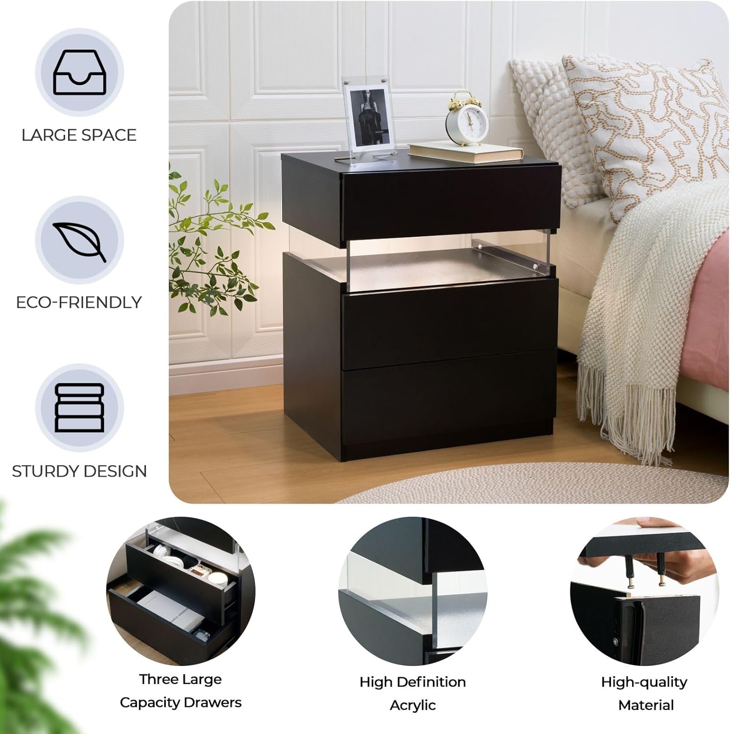 Black LED Nightstand Set of 2,Night Stand Set 2,Modern Night Stand with 3 Drawers,Night Stands for Bedroom Set of 2,Bedside Table with Silent Slide Drawer
