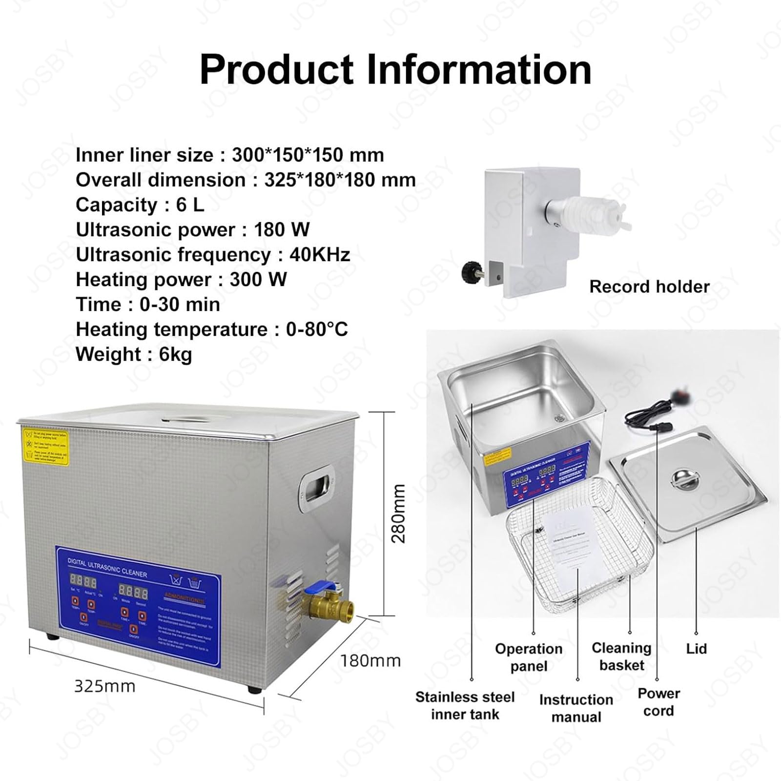 Pulitore a ultrasuoni da 6 l con timer e riscaldatore, potenza ultrasonica 40 KHz 180 W, riscaldamento 300 W, strumento in acciaio inossidabile per la pulizia di gioielli, metallo, dischi in vinile