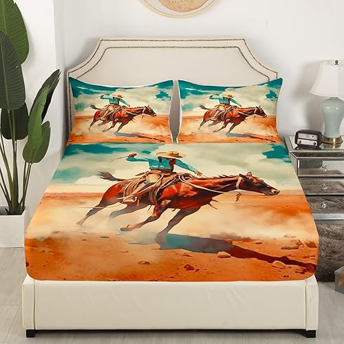 Miniatura 10 de Juego de sábanas de vaquero occidental, tamaño King, juego de sábanas rústicas de vaquero de granja, sábanas de caballo al galope, sábana bajera