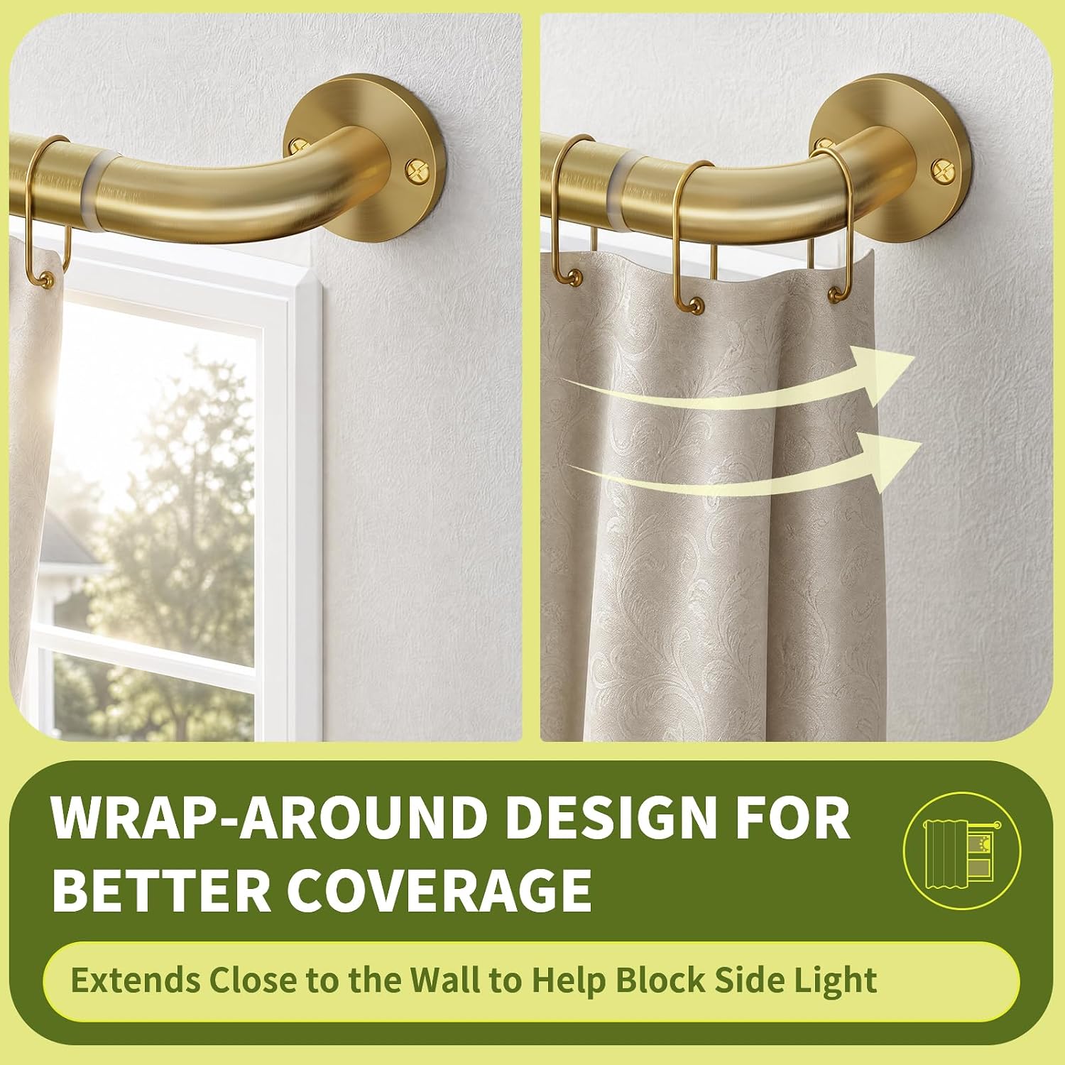 Brushed Gold Curtain Rod for Window 28-48" Wrap Around Curtain Rod