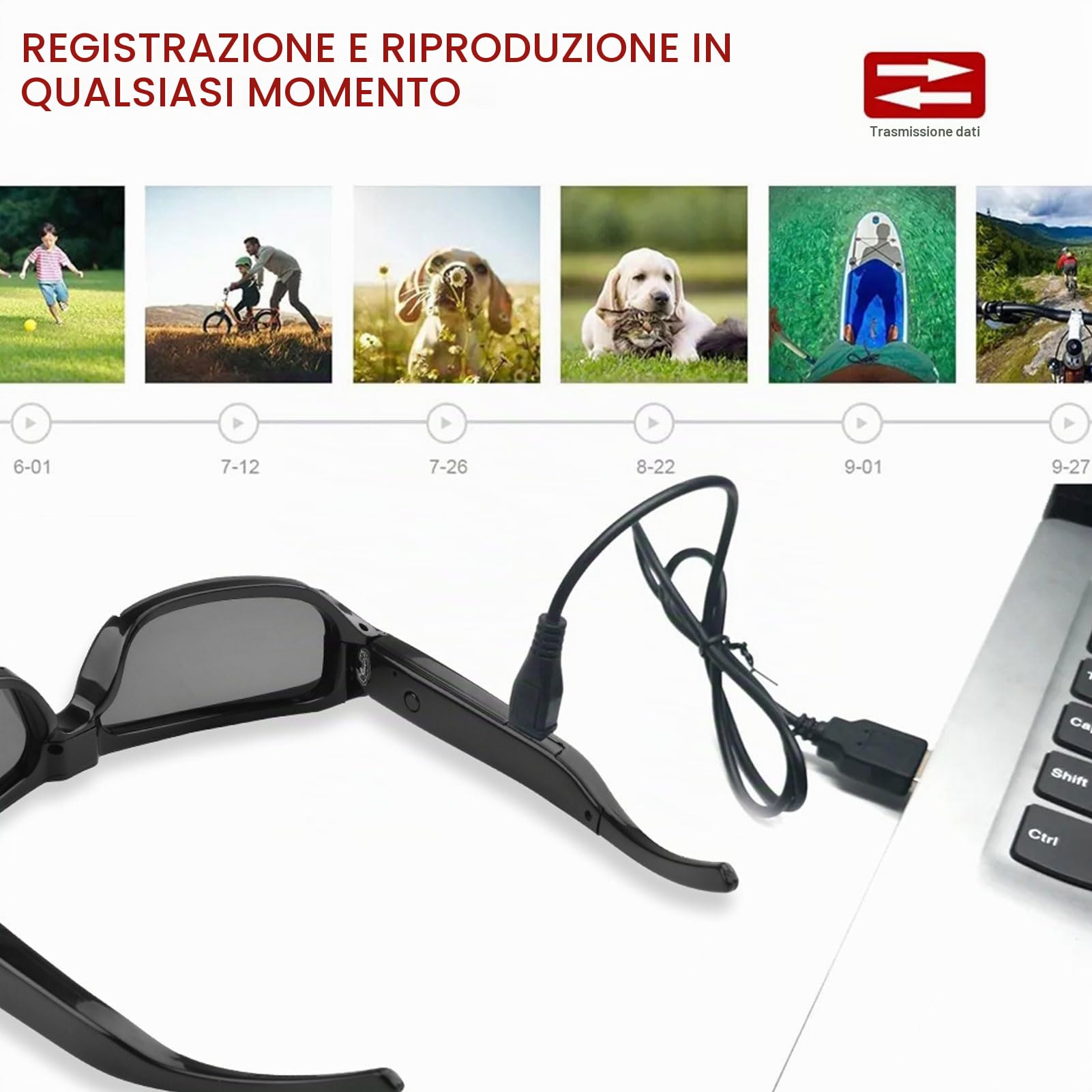 Tosuny Occhiali Intelligenti con Fotocamera 1080P, Occhiali per Action Cam con Obiettivo Grandangolare da 120°, Anti-Vibrazione Intelligente, Registrazione in Loop, Occhiali da Sole