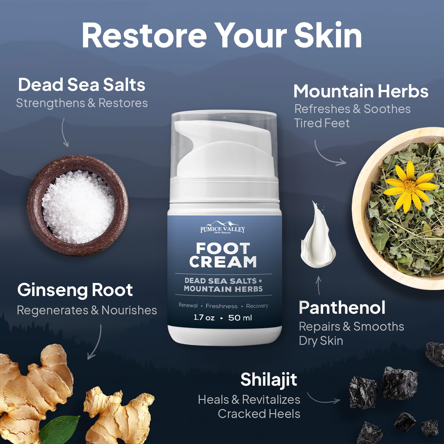 Foot Cream for Dry Cracked Feet and Heels (Dead Sea Salts + Shilajit, 1.7 oz) gallery 3