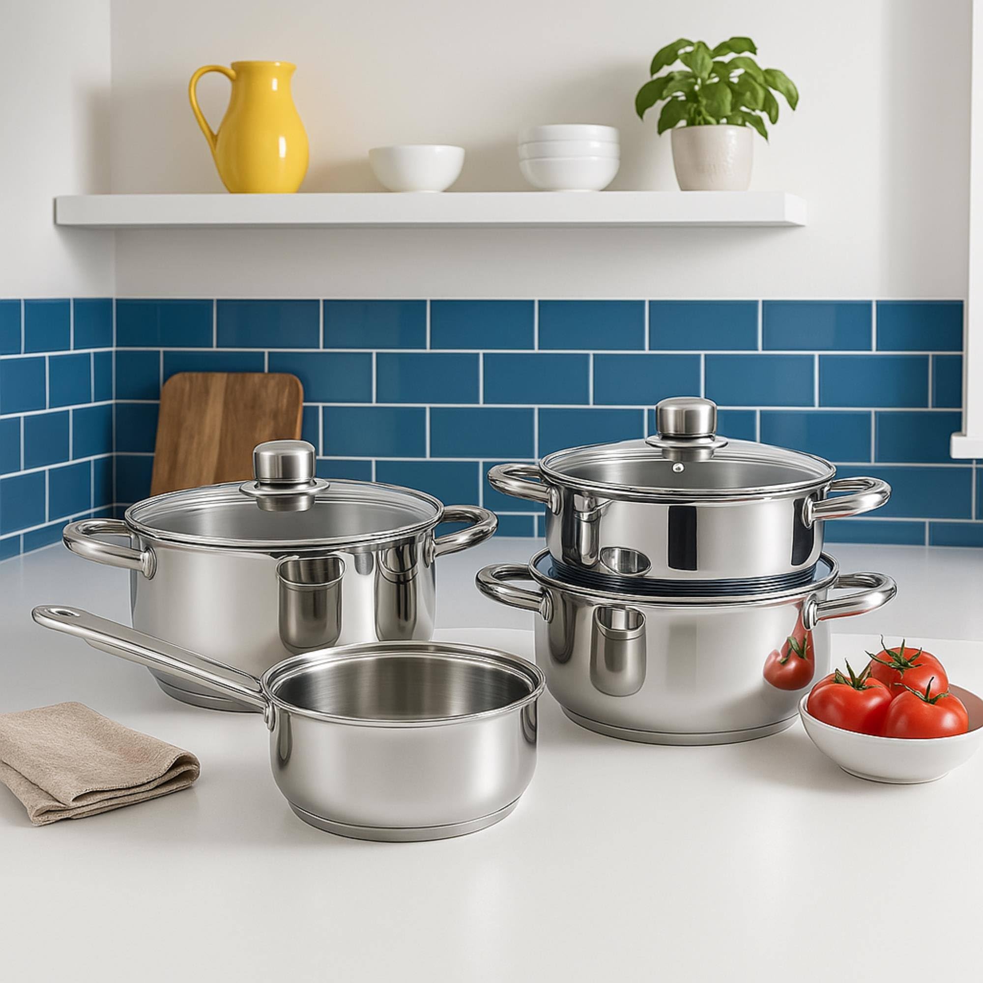 Well Home Pack Batería de cocina 7 Piezas en acero inoxidable + Sartenes Ø16Ø20Ø24Ø28cm Aluminio prensado Bronce metalizado