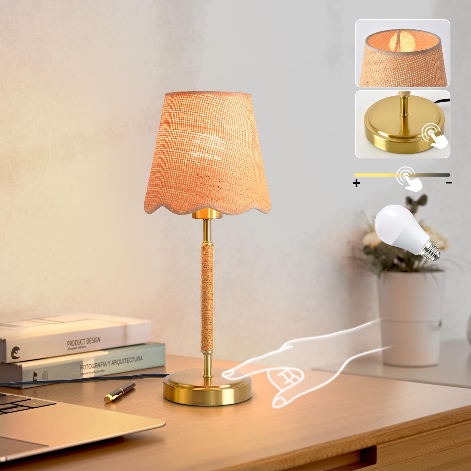 Photo 1 of ***The socket mounting point is broken***Boho Table Lamp for Bedroom, Touch Control Bedside Table Lamp with Brass Gold Base, Rattan Small Table Lamp for Small Space, Boho Lamp Rattan Lamp, Rustic Desk Lamp for Kitchen Counter, Nightstand***The socket moun