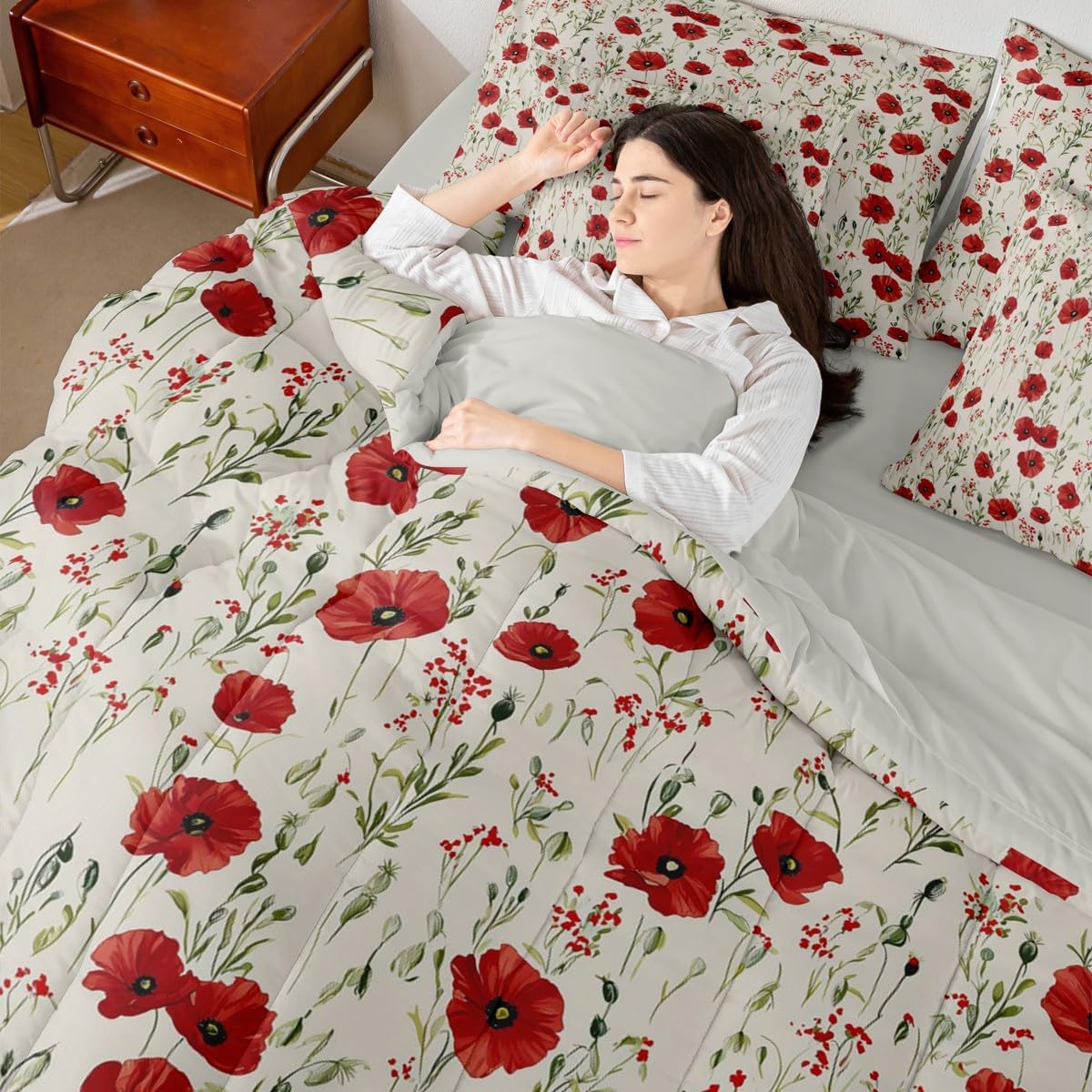 Retro Floral Boho Bed Set Queen Size 70S Hippie Flowers Bohemian 7 Pieces Bedding Set for Kids Boys Girls Psychedelic Floral Bed in a Bag with Comforter, Sheets, Pillowcases Breathable Bedroom