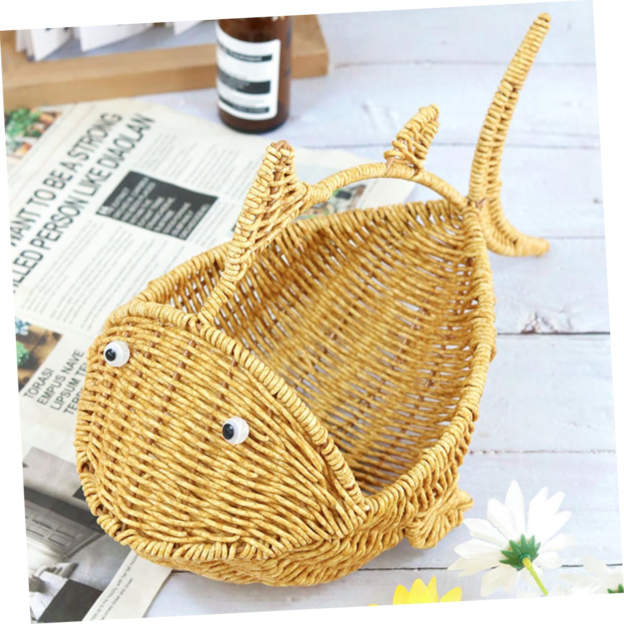 VICASKY Cesto Intrecciato in Plastica Porta Frutta Motivo a Pesce, Base Piatta e Stabile, Contenitore Decorativo per Snack e Verdura, Adatto per Cucina e Sala da Pranzo