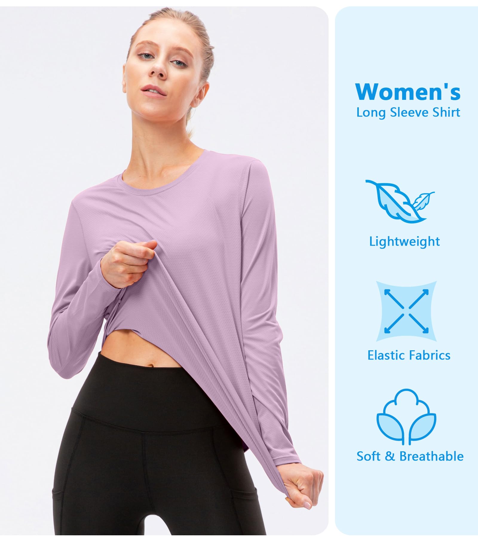 T-shirt de sport à manches longues pour femme, protection UV UPF 50+, séchage rapide, léger et respirant, haut fonctionnel pour randonnée, yoga et entraînement