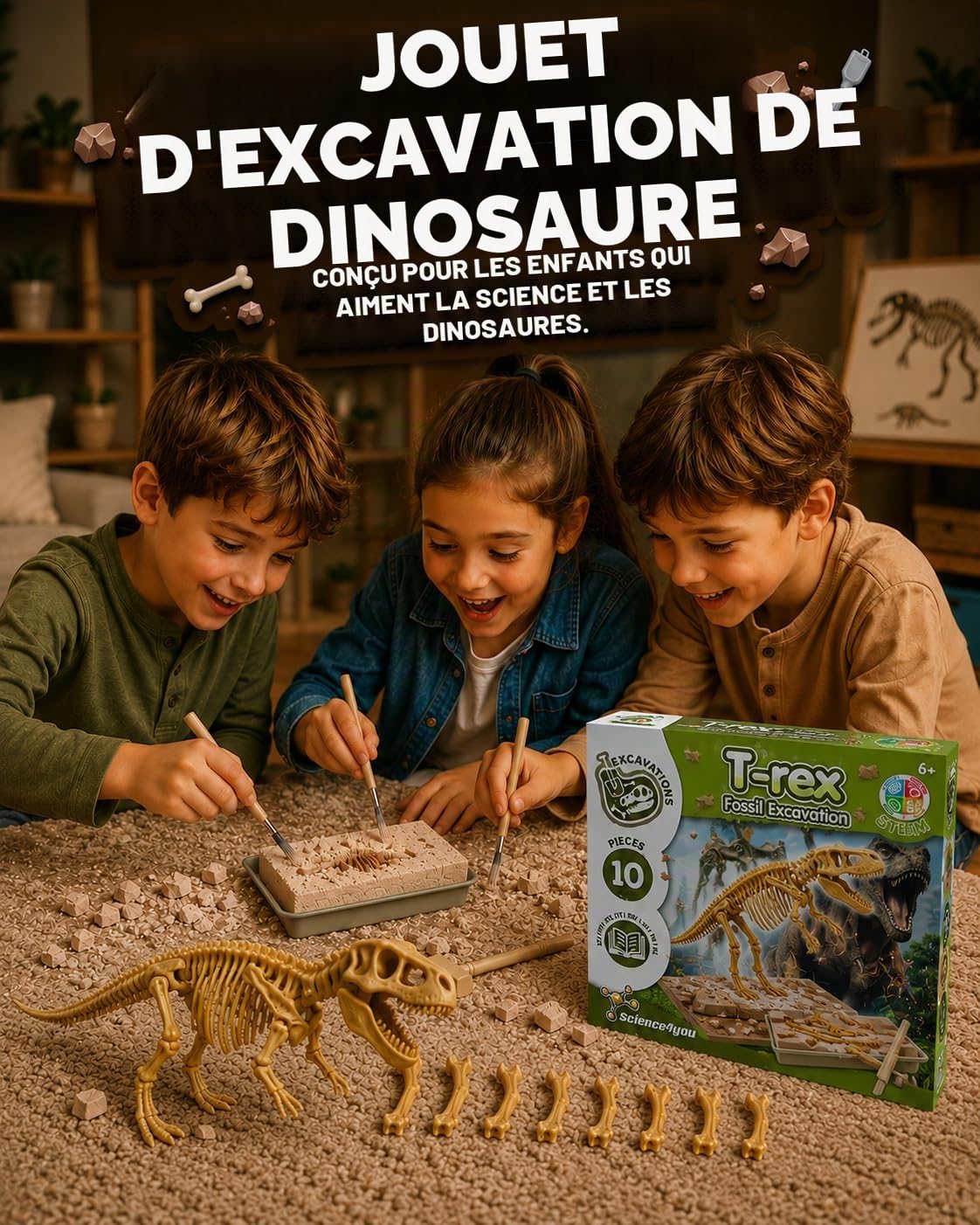 Science4you Dinosaure T-Rex Kit de Fouille pour Enfants +6 Ans - Excaver et Assembler Fossiles, Jeu d'Archéologie