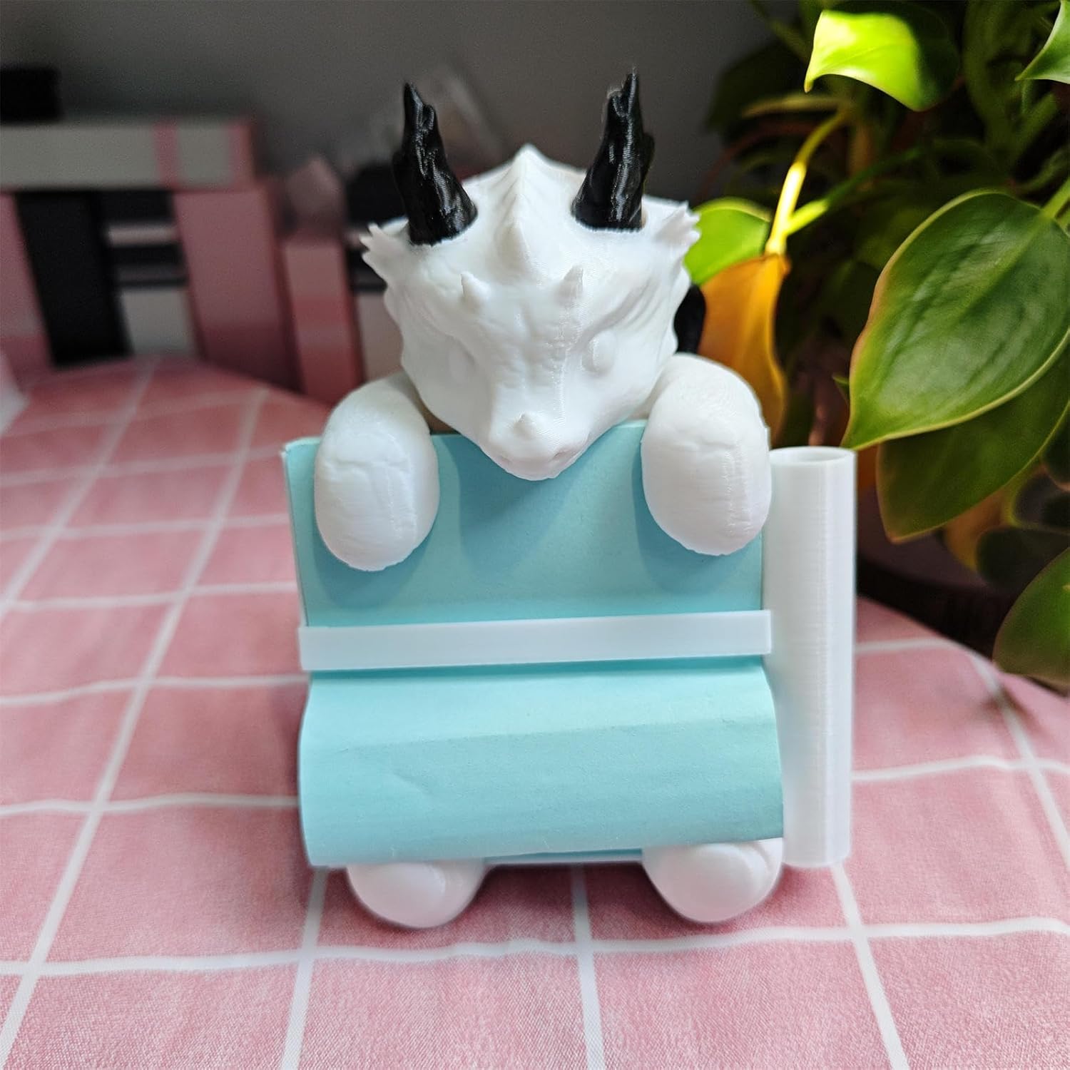 Dragon Sticky Note Holder Pop-up Sticky Note Dispenser with Pen Holder for Office Desk Decor, 3x3 In, White, C39