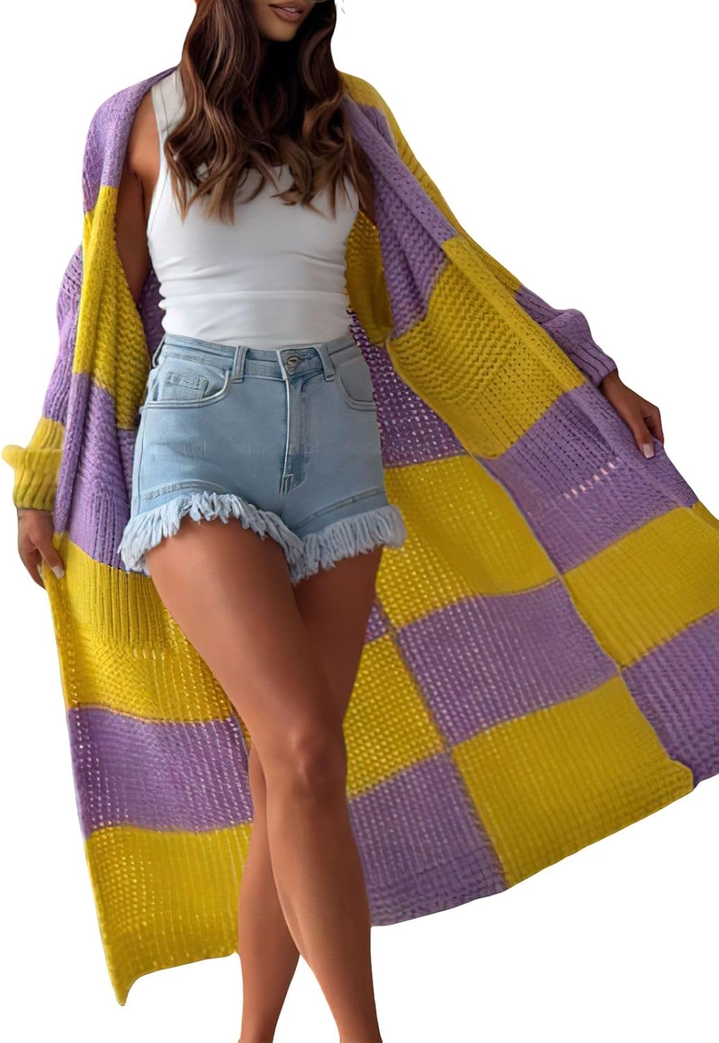 ebossy Women's Fall Fashion Color Block Checkered Long Cardigan Chunky Knit Long Sleeve Open Front Duster Sweater with Pocket