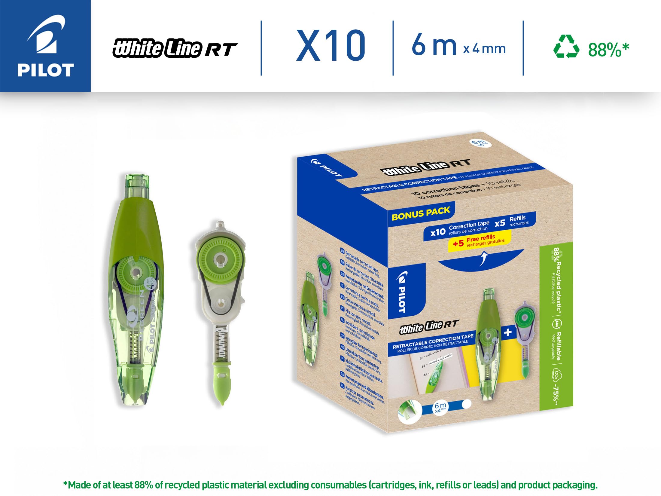 PILOT - Zestaw 10 wkładów Whiteline RT + 10 wkładów - Korektory do wielokrotnego napełniania i chowania - Wykonane z plastiku pochodzącego z recyklingu - Idealny do biura i szkoły - Natychmiastowa