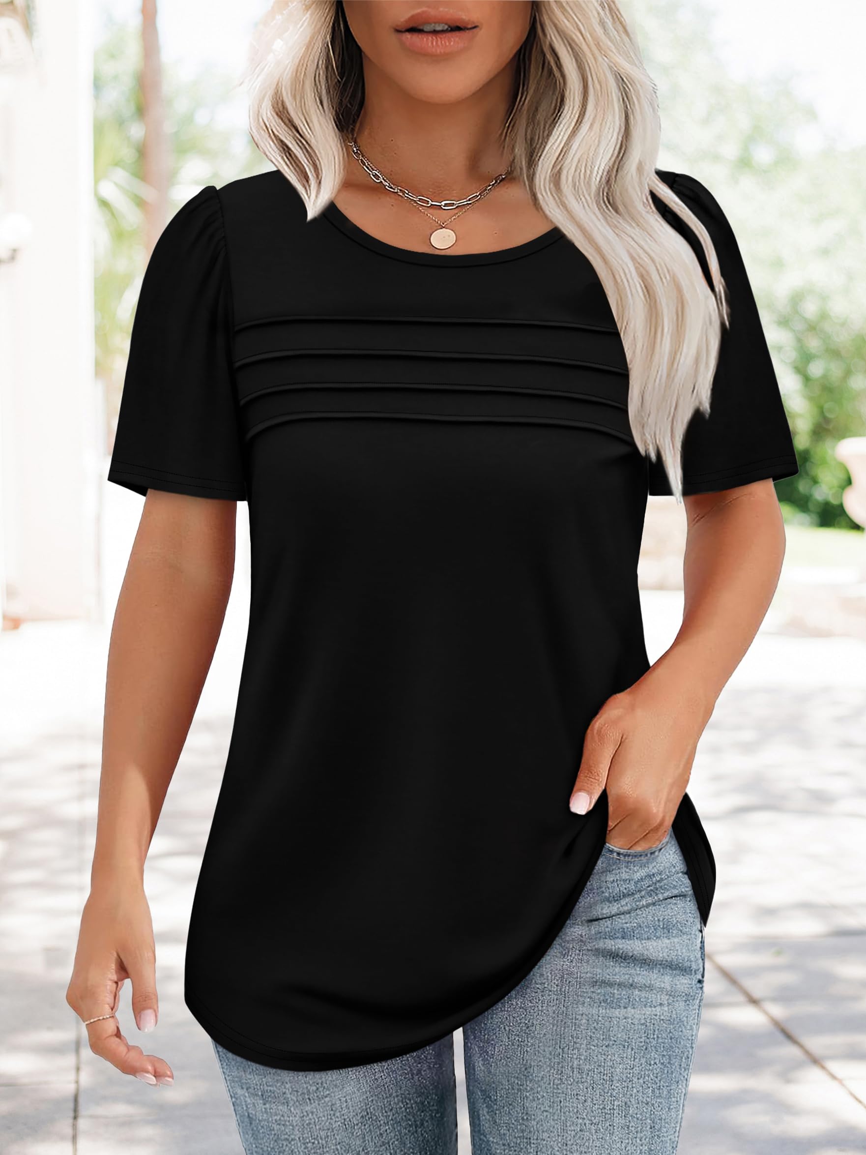 Womens T Shirts Short Sleeve Tops Dressy Casual Blouses Spring Summer Outfits Flowy Pleated Front Scooped Neck