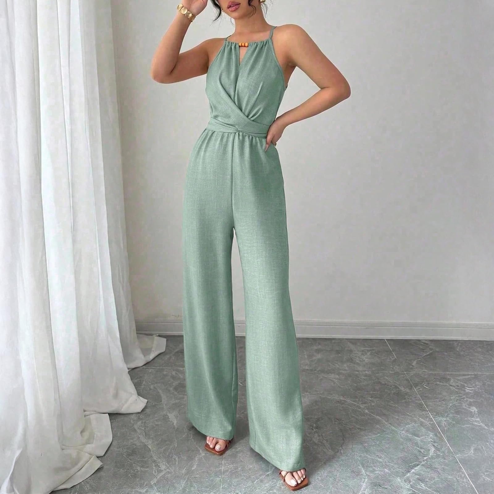 Combinaison Femme Ete sans Manches Couleur Pure Vetement Femme Combinaisons Taille Empire Souple Glamour Combinaison Pantalon pour Travail Bureau Soirée Mariage