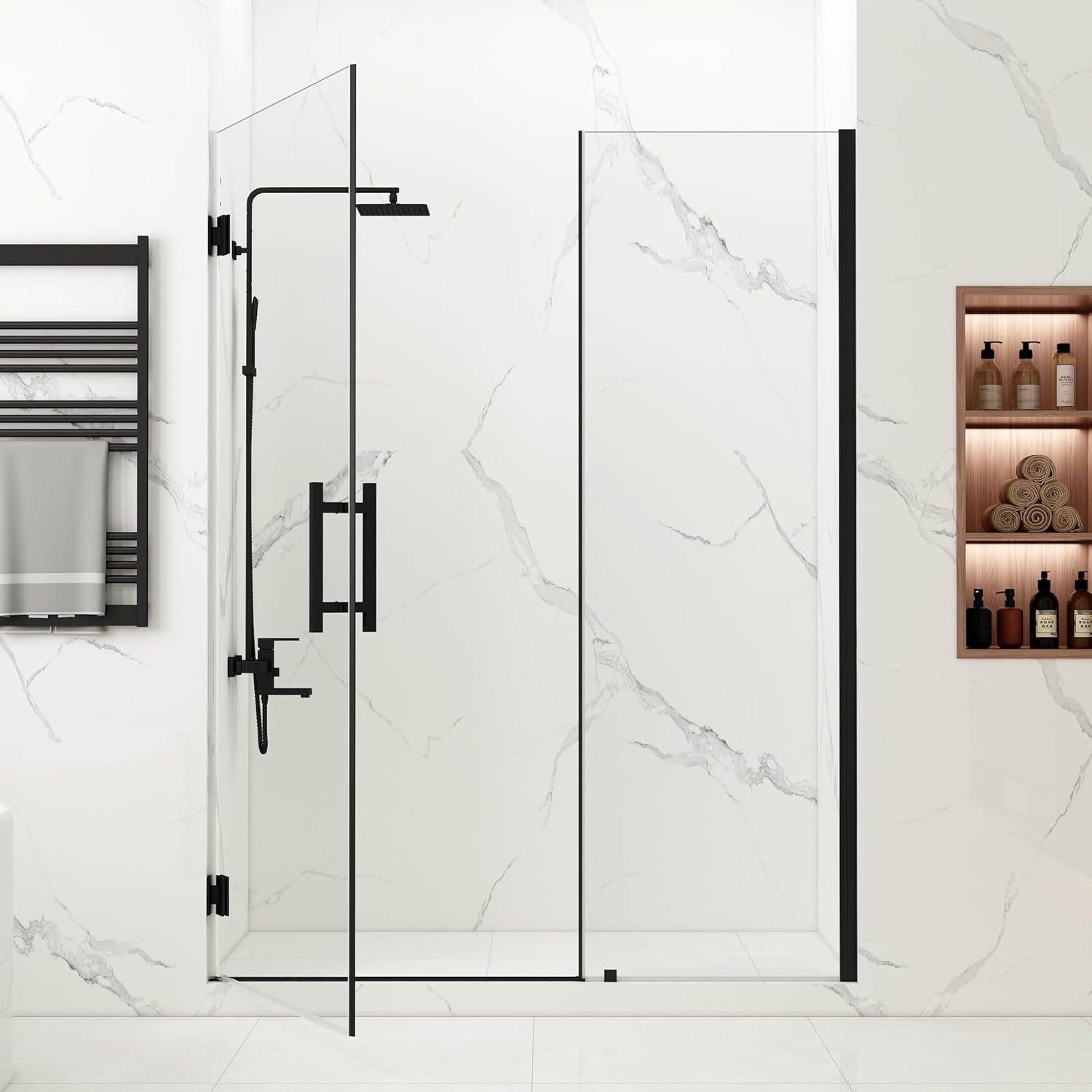 59-60" W x 72" H Frameless Pivot Shower Door, Pivot Swing Shower Door with Clear Tempered Glass 5/16"(8mm), Reversible, Matte Black Finish, Magnetic Closing