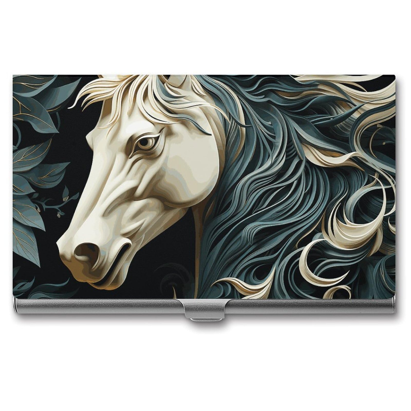 BTCOWZRV Horse Pattern Business Card Holder Metal Slim Business Card Case, Pocket Card Holder for Men Women Purse Name Card Holder Stainless Steel Wallet Credit ID Case for Office