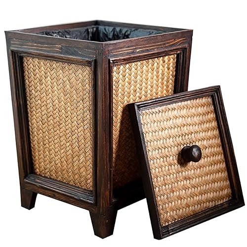 Primo Supply Cubo de basura de ratán de 7 litros, cubo de basura cuadrado marrón tejido a mano con tapa, cesta de basura decorativa de madera