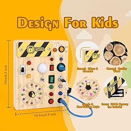 Hoarosall Montessori Toys Clock Wooden Busy Board with 11 LED Light switches, Tooddler Sensory Travel Toys for 1+ Year Old Baby and Toddler