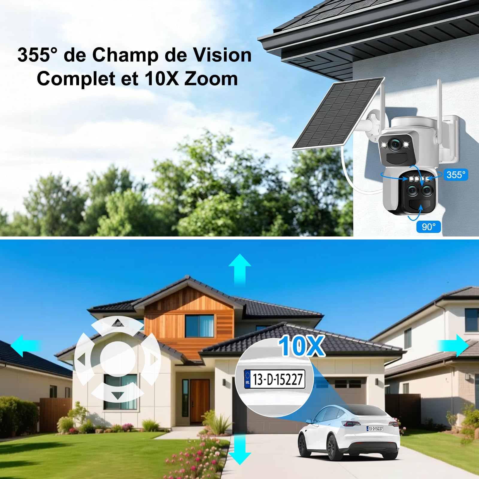 4K Caméra de Surveillance WiFi Exterieure sans Fil,10X Triple Objectif Camera Extérieur Solaire avec Panneau,Vision Vocturne,Alarme,Batterie,2.4GHZ,Audio Bidirectionnel,Suivi Automatique,IP66,355° PTZ