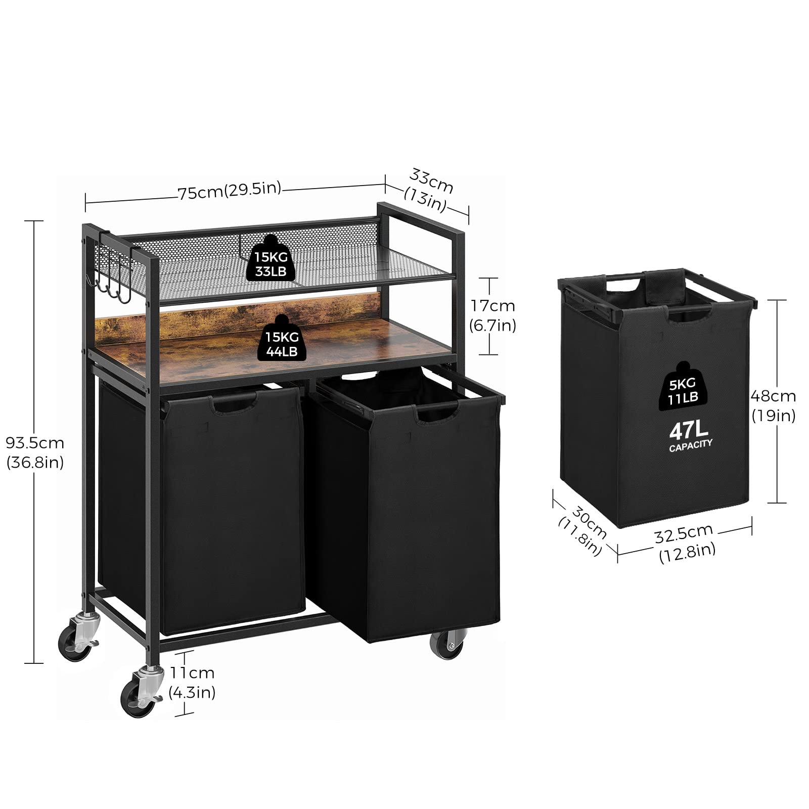Greenstell Laundry Hamper Cart, Laundry Basket with Shelf, Large Pull ...