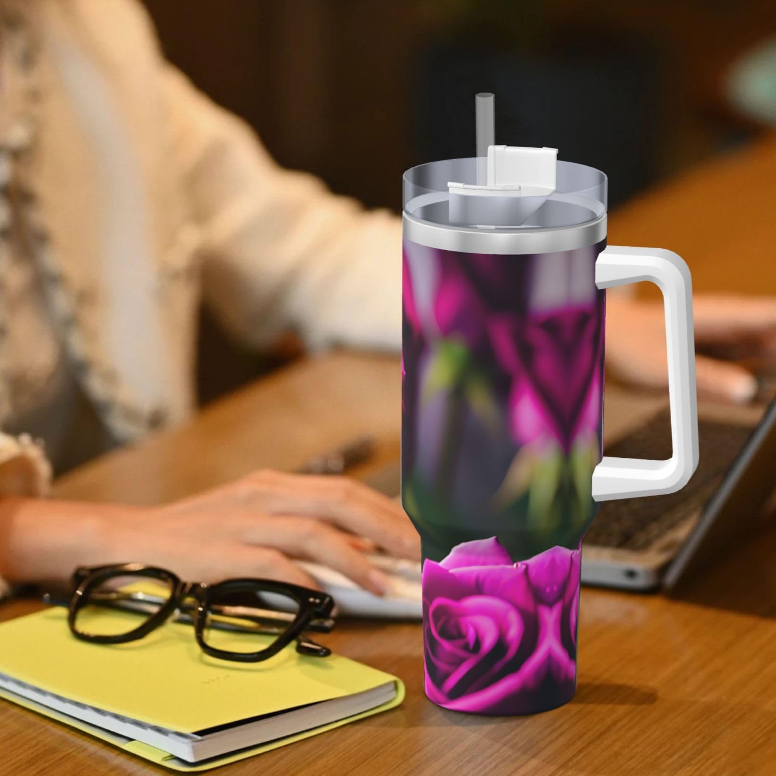 Purple Roses Ice Bully Wasserflasche aus Edelstahl, doppelwandig, isoliert, mit Griff und Strohhalm-Deckel, 1,2 l