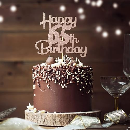 Miniatura 5 de Sotpot Decoración para tarta de cumpleaños 65 con purpurina de oro rosa para 65 cumpleaños, decoración para tartas de cumpleaños 65, saludos a 65