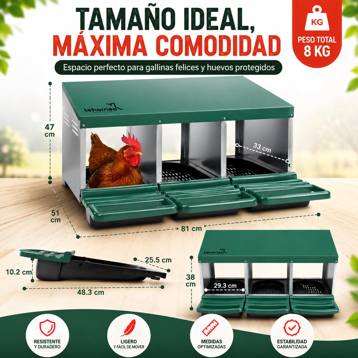 TEHORNEO Ponederos para Gallinas, Ponederos Gallinas 81x51x47 cm de Acero Galvanizado con 3 Departamentos, Apto para 12-15 Aves Ponedoras, Jaula Exterior, Montaje sin Herramientas