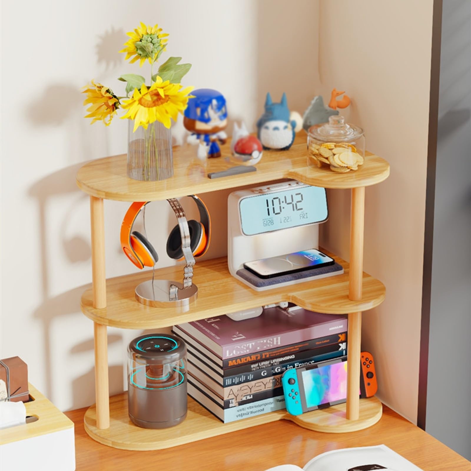 Étagère de bureau à 3 niveaux et petite bibliothèque d'angle en bois pour meuble informatique