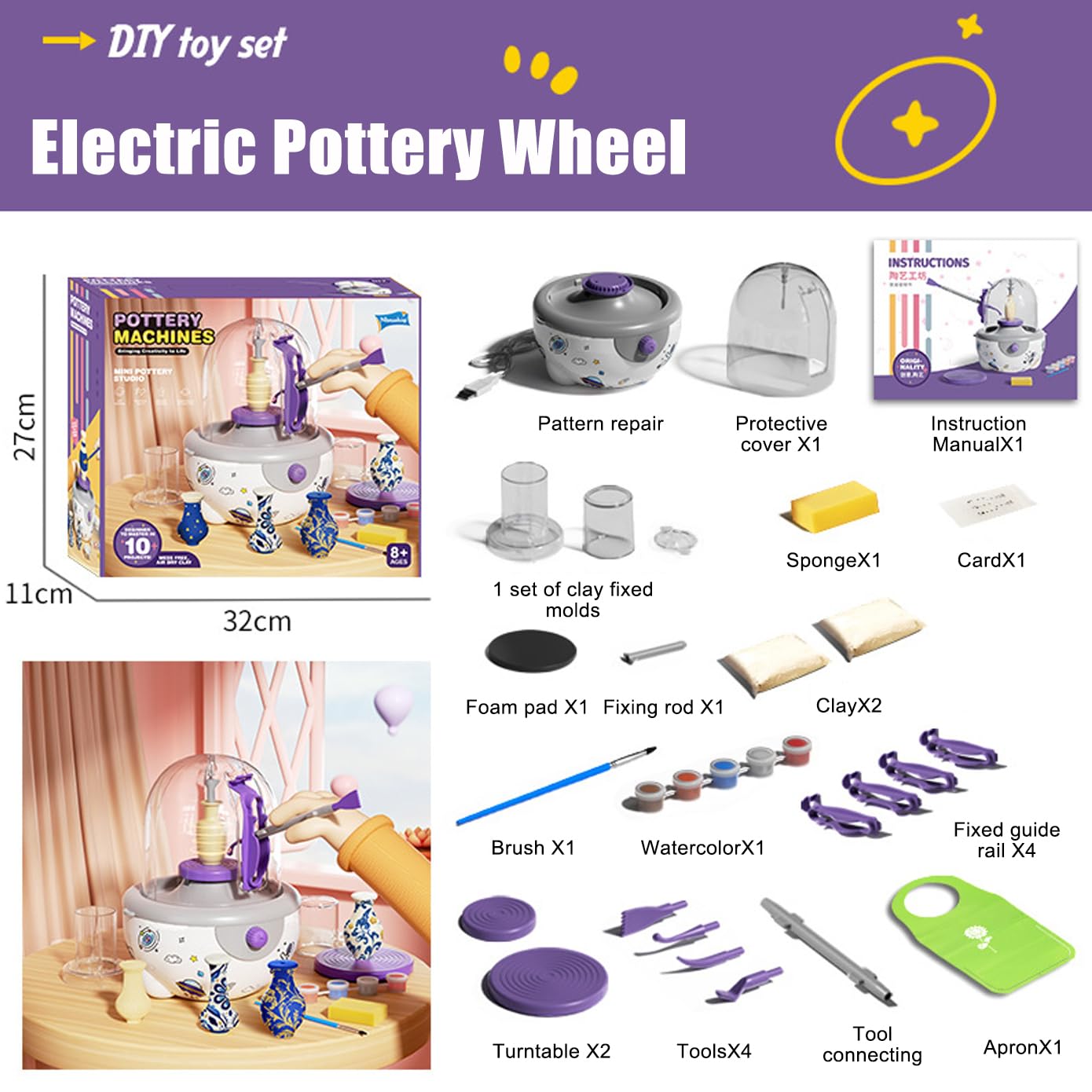 Elektrische Töpferscheibe mit 15 Zubehörteilen, Mini-Ton-Keramik-Formwerkzeug, Geschwindigkeitsverstellbar, Bastelset für Kinder und Erwachsene, USB