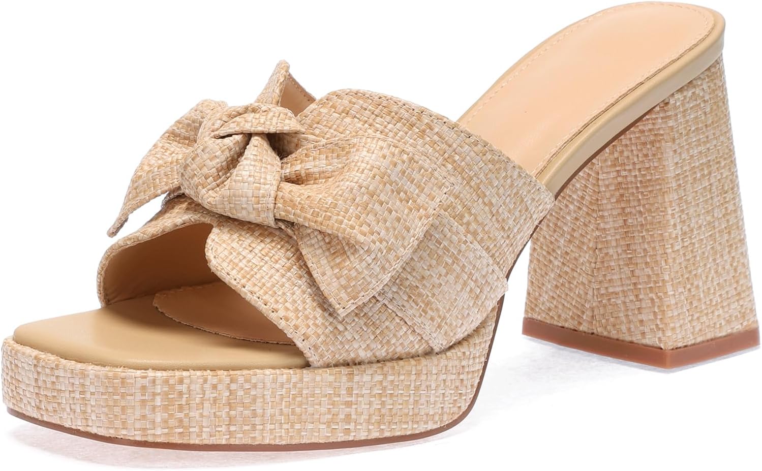 Monrovia Raffia Heeled Sandals for Women，Platform Wedge Slip On Block Heel, Dressy Summer Open Toe Chunky High Heel Vacation Beach Slides Sandals