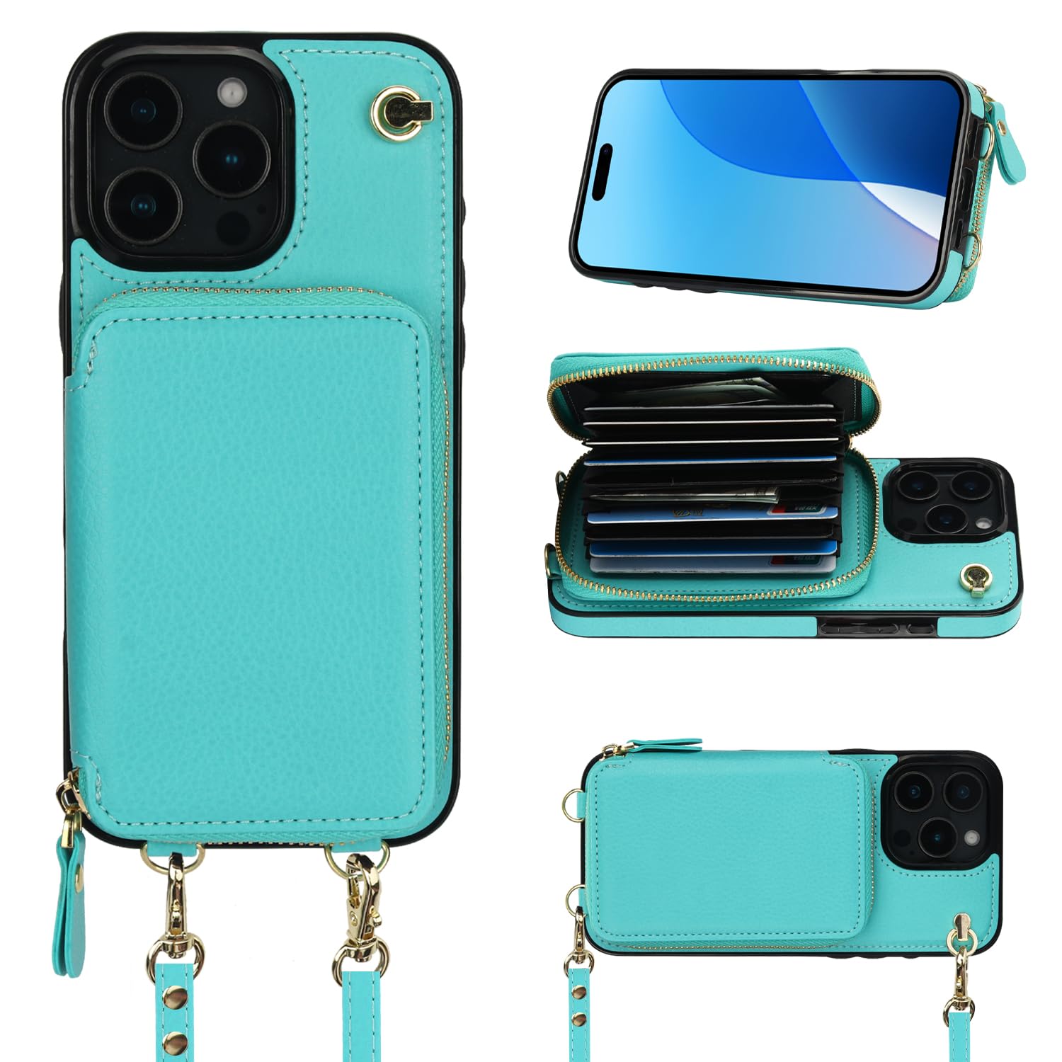 Bocasal Crossbody Wallet Case for iPhone 16 Pro Max, RFID Blocking Leather Purse Case with Card Holder, Protective Handbag Flip Cover with Zipper