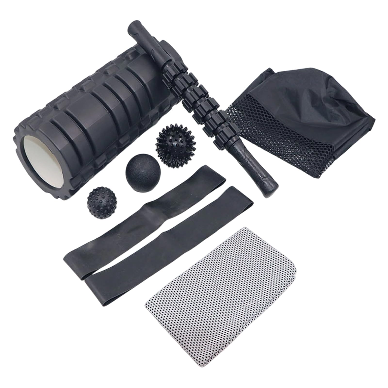 Komplettes Yoga Zubehör Set: Schaumstoffrolle, Massagestab, Widerstandsband zur Muskelregeneration, Präsentations Stretching Trommel mit Massageball